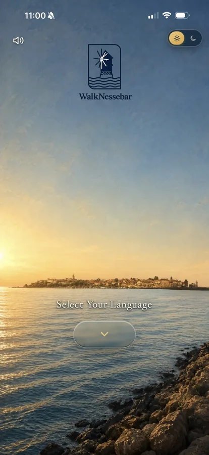 The app in day mode, over a sunlit sea