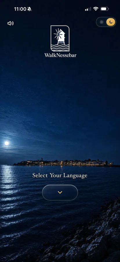 The same screen in night mode, over a moonlit sea