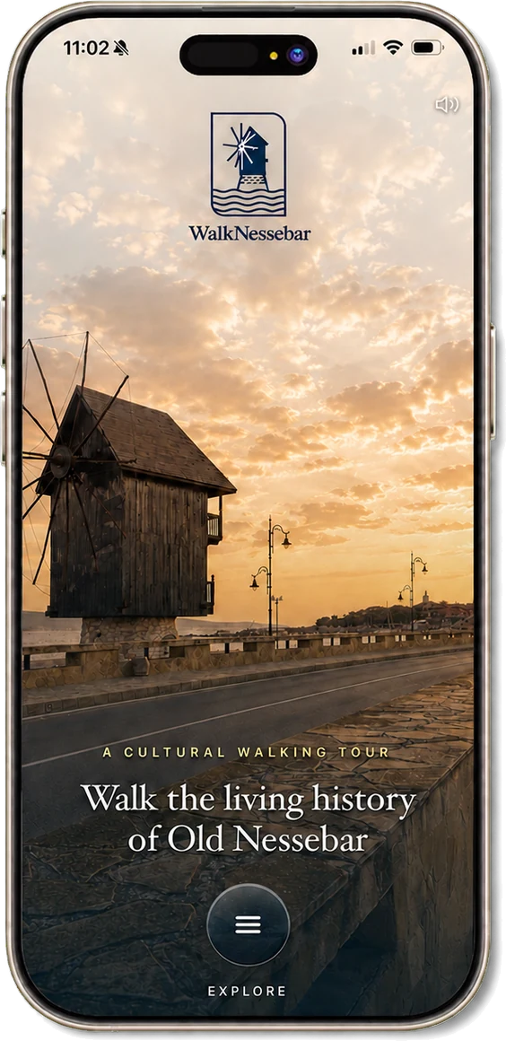 WalkNessebar home screen at sunrise, showing the old windmill of Nessebar