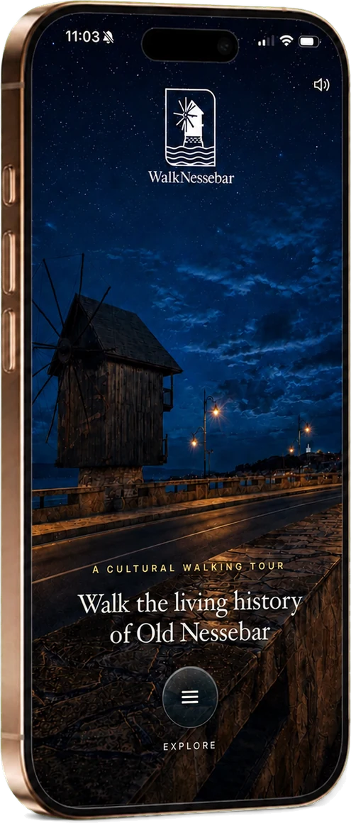 WalkNessebar home screen in night mode, showing the windmill under a starlit sky