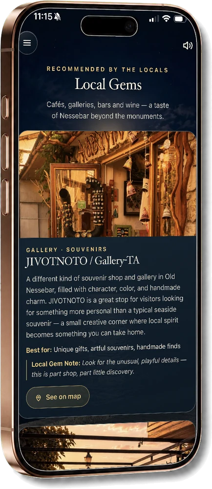 The Local Gems page recommending a gallery in the old town