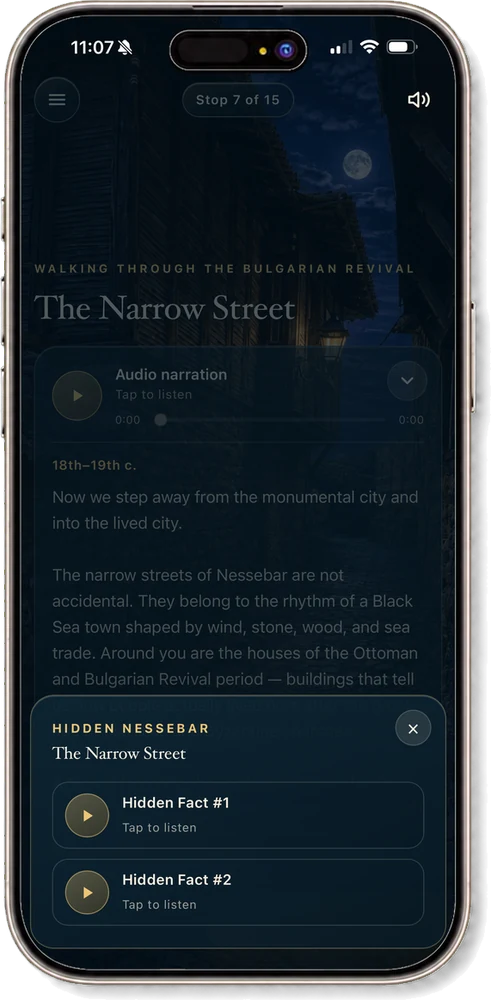 A Hidden Nessebar panel offering two hidden facts about The Narrow Street