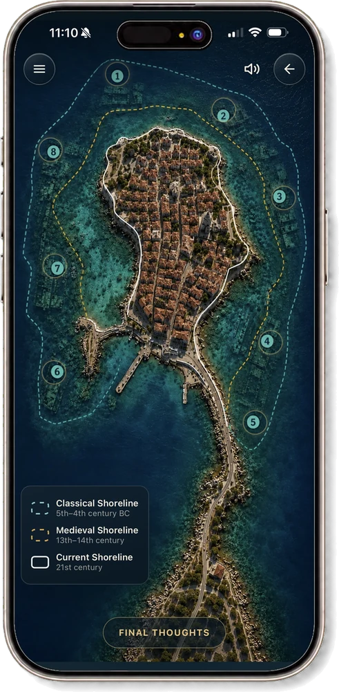A map showing the classical, medieval and current shorelines of the peninsula