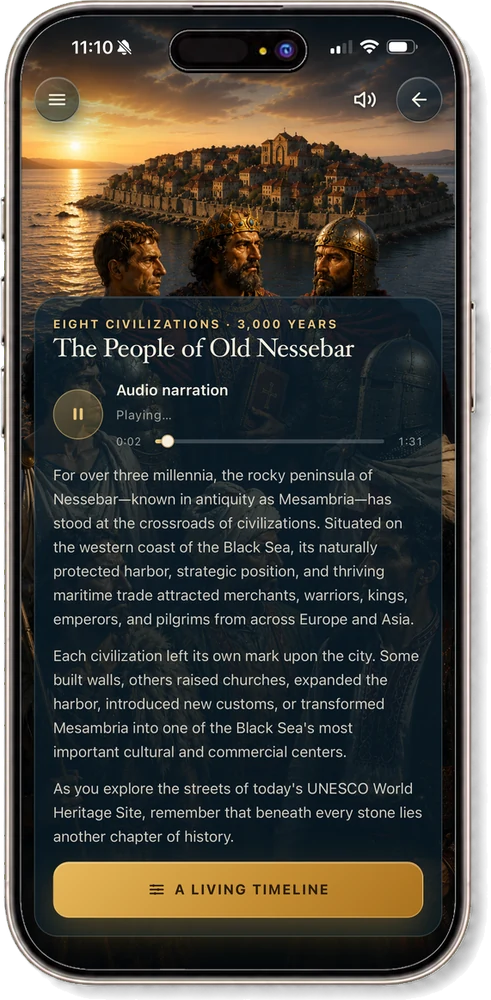 The People of Old Nessebar introduction, over an image of the peninsula at sunset