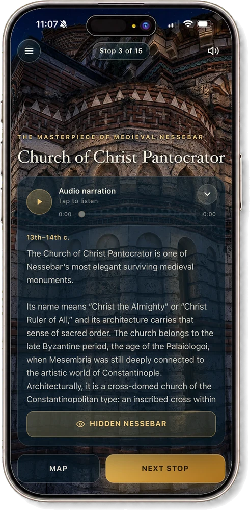 The Church of Christ Pantocrator stop, with audio narration playing