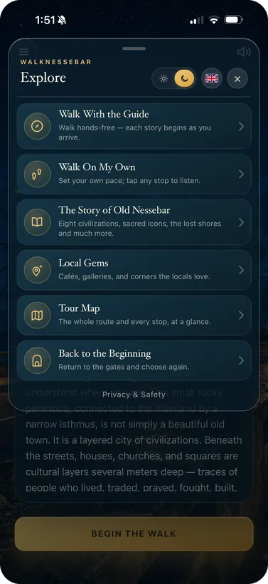 The Explore menu — walk with the guide, walk on your own, the story, the gems, the map