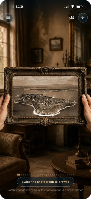 An antique frame held up in a dim room