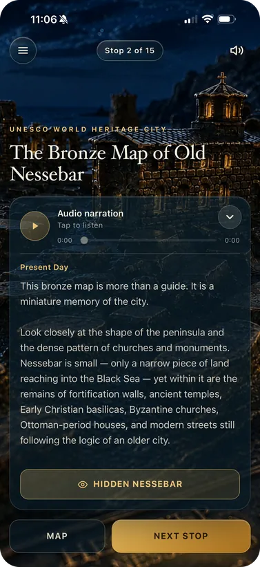 A stop page describing the bronze map of Old Nessebar