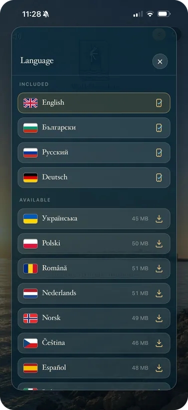 The language list — four languages included, the rest a tap away