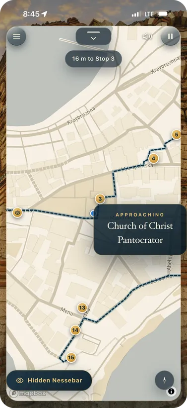 An approaching card for the Church of Christ Pantocrator, 16 metres away