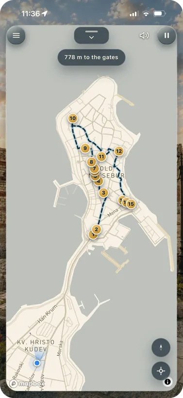 The whole peninsula on the map, 778 metres from the town gates