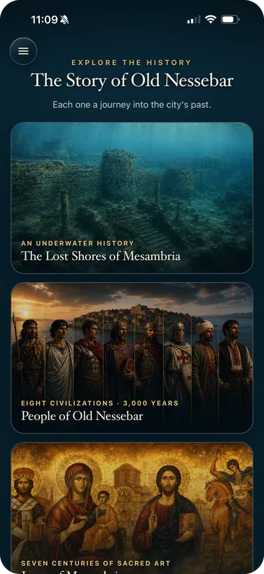The Story of Old Nessebar hub, with a tile for each journey